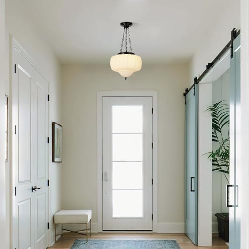 CLARSYNE 14" Vintage Milk Glass Pendant Light, Mid-Century Modern Schoolhouse Ceiling Chandelier, Vintage White Opal Flush Hanging Fixture for Kitchen Island, Dining Room, Bedroom, Living Room by CLARSYNE - Image 4