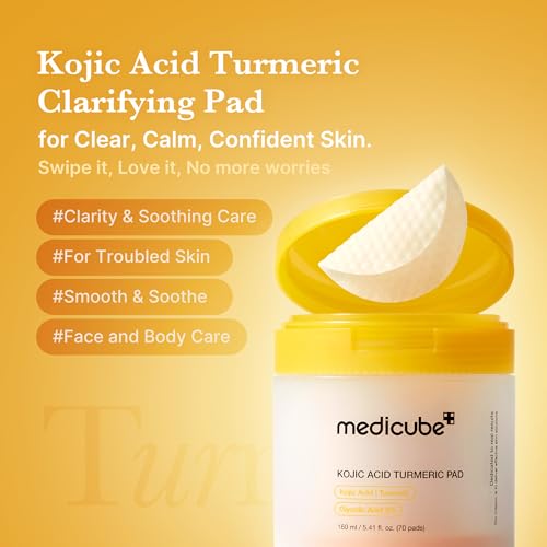 medicube Toner Pads Kojic Acid Turmeric Clarifying Toner Pad for Troubled Skin & Use After Spot Care, Soothing with Kojic Acid, Turmeric, Niacinamide, Glycolic Acid, Korean Skin Care, 70 Pads (1 Pack)
