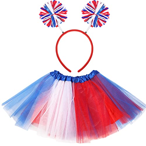 4 Layered Tulle Tutu Skirts For Girls With Pom Pom Headband For Kids Cosplay Party School Festival Costume Accessories (Red Blue White) #TOP19