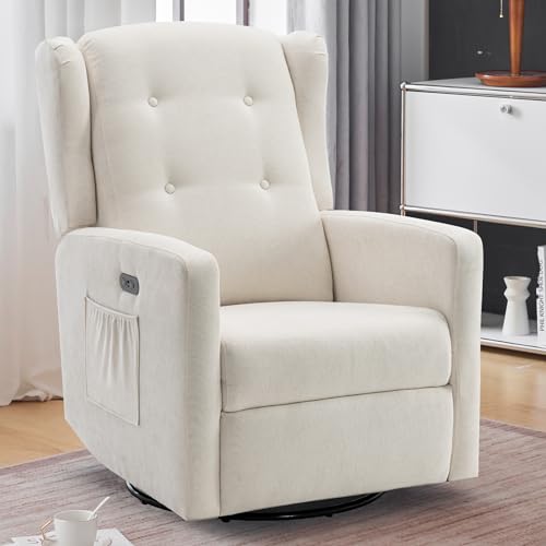 Image of Ketaiyou Power Swivel Rocking Recliner Chair, High Back Electric Rocker Nursery Glider Chair, USB and Type-C Ports, Upholstered Fabric Reclining Single Sofa Chair for Living Room (Beige)