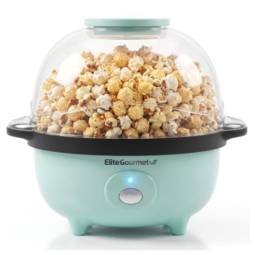 Elite Gourmet Automatic Stirring Popcorn Maker Popper, Electric Hot Oil Popcorn Machine with Measuring Cap & Built-in Reversible Serving Bowl, Great for Home Party Kids, Safety ETL Approved, Mint