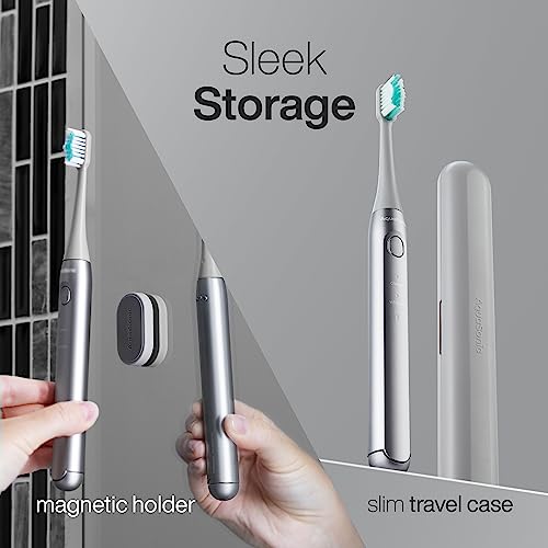 Image of Aquasonic Icon ADA-Accepted Rechargeable Toothbrush | Magnetic Holder & Slim Travel Case | 2 Brushing Modes & Smart Timers | Gentle Micro-Vibrations (Stone)