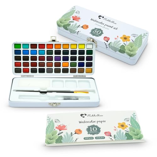 Mikkelhus Kit Acuarelas 50 Colores en Estuche Portátil, Set de Pintura con Pincel y Papel de Acuarela, Watercolor, Acuarelas de Viaje, para Artistas y Pintores Aficionados