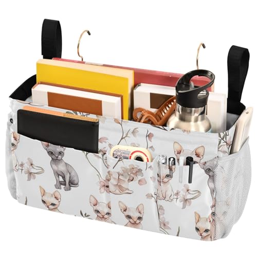 FRODOTGV Organizador de mesita de noche con bolsillos, organizador colgante para revistas, tabletas, teléfonos, personalizados, gatos, chocolate, color blanco