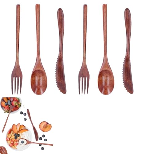 6Pcs Flatware Set, Cutlery Set Wooden Tableware, Reusable Flatware with Spoon, Fork and Wooden Knife Travel Cutlery for Home Restaurant Camping Picnic