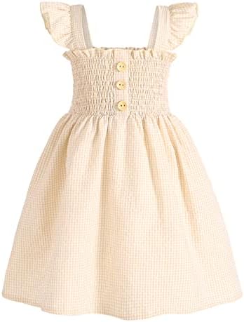 JEELLIGULAR Toddler Dress Ruffle Sleeveless Button Down Denim Dress for Toddler Girl Dress Summer Beach Casual A-line Sundress（Beige,3T-4T）