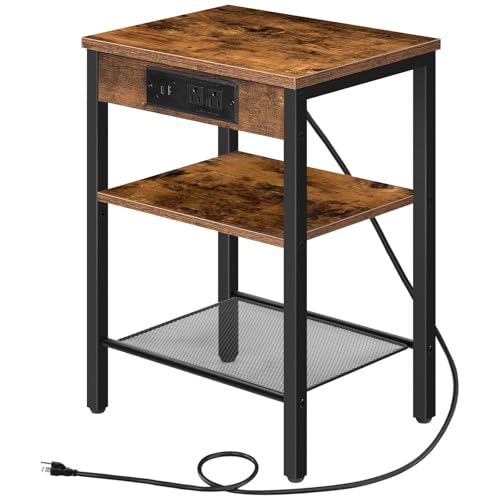 HOOBRO End Table with Charging Station and USB Ports, 3-Tier Nightstand with Adjustable Shelf,...