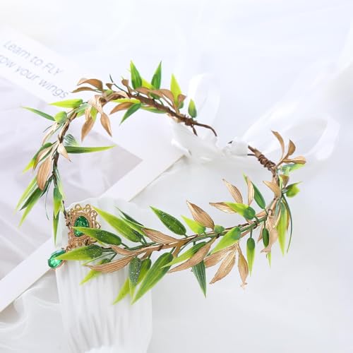 LEEMASING Woodland Elf Headpiece Fairy Leaves Green Rhinestone Crown Headband For Baby Shower Wedding Party Beach Travel Festival - Image 3