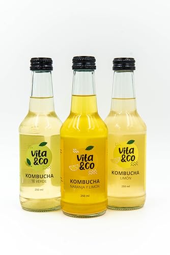 TÉ KOMBUCHA 12 UNIDADES (4ud. NARANJA Y LIMÓN, 4ud. LIMÓN, 4ud. TÉ VERDE) – El refresco saludable elaborado artesanalmente con zumo prensado en frío 'cold-pressed' - 12 x 250ml