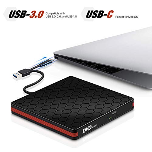 External CD/DVD Drive USB 3.0 Type-C Portable R/W Optical Drive Slim CD DVD Burner Recorder CD ROM for Laptop/MacBook/Desktop/MacOS/Windows10/8/7 (#Black)