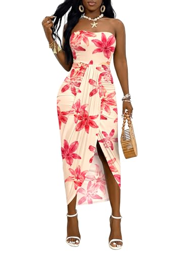 Image of Umenlele Women's Strapless Ruched High Waist Wrap Split Asymmetrical Beach Maxi Long Dress