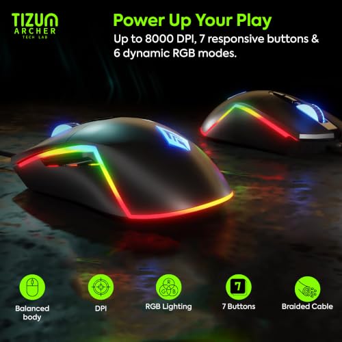 tizum Archer Tech Lab Wired Gaming Mouse, 8000 DPI, 7 Buttons, Black - Image 3
