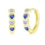 Zecimi Gold Hoop Earrings, 925 Sterling Silver Heart Hoops Earrings for Women, Small Gold Girls Huggie Earrings with Sapphire Zirconia, 15mm Hypoallergenic Sleep Earrings for Girls Children, Kids Gift
