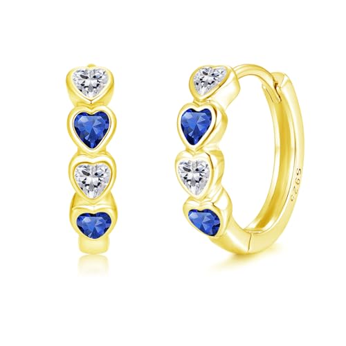 Image of Zecimi Gold Hoop Earrings, 925 Sterling Silver Heart Hoops Earrings for Women, Small Gold Girls Huggie Earrings with Sapphire Zirconia, 15mm Hypoallergenic Sleep Earrings for Girls Children, Kids Gift
