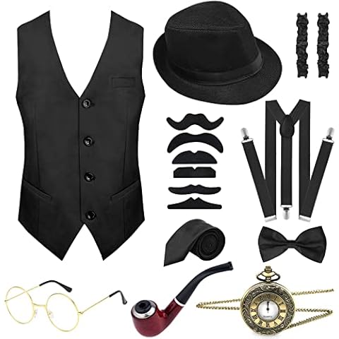 PLULON 16 Pieces 1920s Mens Costume Gatsby Gangster Vest Roaring 20s Men's Accessories Set Clothing Outfit with Fedora Hat Suspender Bow Tie Vintage Pocket Watch Glasses Beard for men Cover
