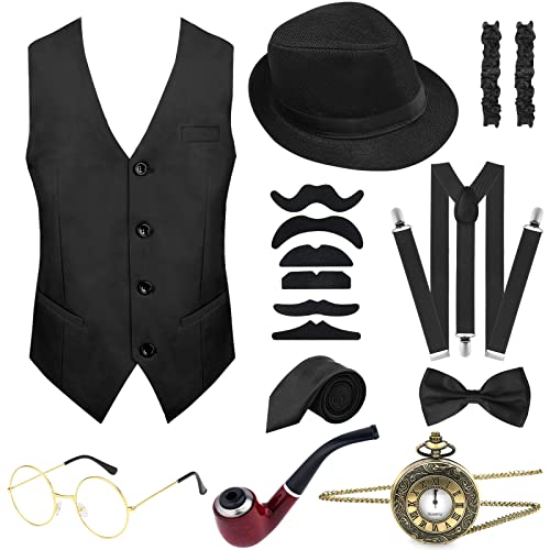 PLULON 16 Teilig 1920er Herren Kostüm Gatsby Gangster Weste Roaring 20s Herren Accessoires Set Kleidung Outfit mit Fedora Hut Hosenträger Fliege Vintage Taschenuhr Brille Bart für Herren Cover