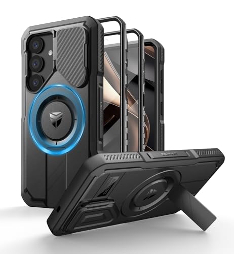 Image of Dexnor for Samsung Galaxy S25 Case with Camera Cover & Adjustable Kickstand & Built-in Screen Protector, Magnetic Rugged Shockproof Bumper Cases Heavy-Duty Magnetic Protective Cover (2025),Black