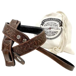 Walker And Williams M-20-BRN Bourbon Brown Leather Premium Padded Mandolin Strap With Celtic Chain Design, For Mandola, Bouzouki or Ukulele. For F And A Type Mandolins - Les Beatles, Paul McCartney, John Lennon, RIngo Starr, George Harrison