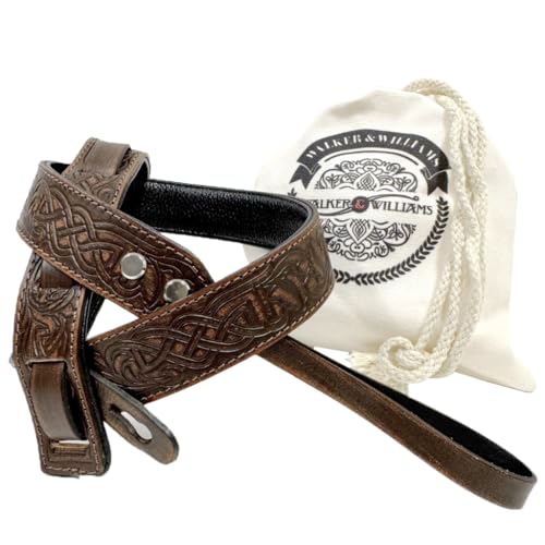 Walker And Williams M-20-BRN Bourbon Brown Leather Premium Padded Mandolin Strap With Celtic Chain Design, For Mandola, Bouzouki or Ukulele. For F And A Type Mandolins