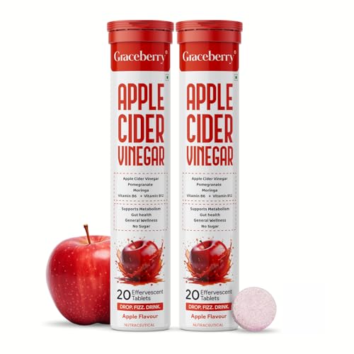 Image of Graceberry Apple Cider Vinegar Effervescent Tablet with Mother- 40 Tablets | 500mg ACV For Metabolism, Weight Management | Pomegranate & Moringa, Vit B6 & B12 | No Added Sugar | Pack of 2
