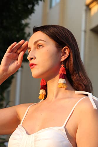 Eigso Women 3-9 Pairs Colorful Long Tassel Thread Ball Dangle Earrings Boho Black Red Sequin Drop Earrings4