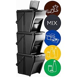 KADAX Sistema de separación de basura, cubo modular de plástico, cubo de reciclaje para cocina y baño, caja surtida, cubo de basura orgánico, clasificador de basura (3 x 25 L), Negro