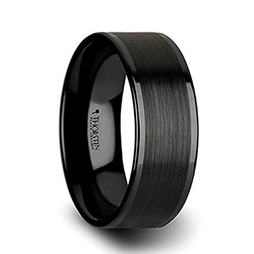 OCTAVIUS Flat Black Ceramic Ring Wedding Band with Brushed Texture Center Polished Edges 8mm Width Custom Personalized Inside Engraved