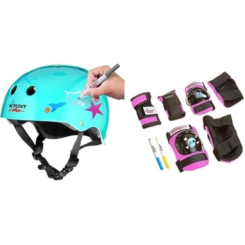 Wipeout Dry Erase Kids Helmet and Pad Set for Bike, Skate, Scooter, Ages 8+, with Knee Pads, Elbow Pads, Wristguards (Model: WP4107) Cover