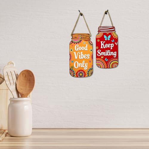 Image of GiftOday Good Vibes Only Wall Hanging | Multicolor Wooden Wall Art | Size 7.5 x 12 Inch | Decorative Item for Living Room, Kitchen Decor, Bedroom | Perfect For Home Decor and Gift Idea | Set of 2