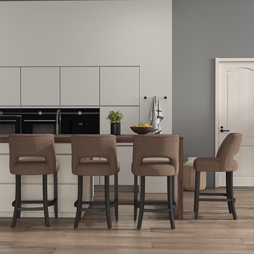 Image of VKNOW Bar Stools Set of 4, 26 inch Upholstered Counter Height Bar Stools | Modern Counter Stools with Black Rubberwood Legs for Kitchen Island Dining Room Bar, Brown-Black Legs