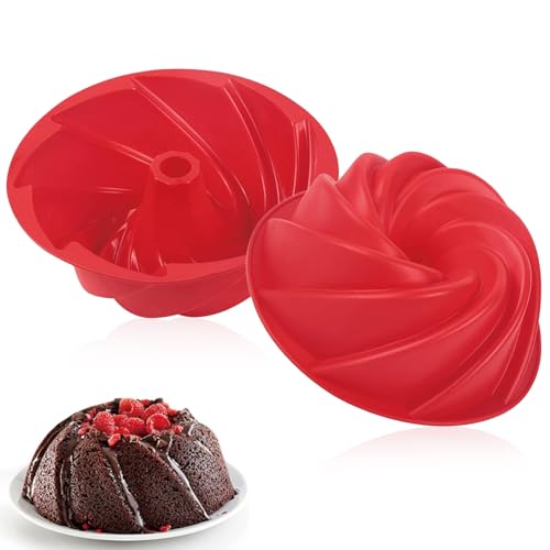 Silicone Fluted Cake Pans, 9 Inches Fluted Spiral Cake Mould Nonstick Cake Pan, Silicone Baking Cake Mould Fluted Round Cake Tin for Donut Muffin Cake Cookie Pudding Baking, Red