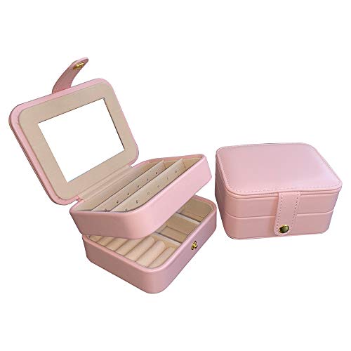 Dectenth Travel Jewelry Organizer Box for Women and Girls, Small Travel Jewelry Case with Mirror, PU Leather Portable Jewelry Storage Box for Ring, Earring, Necklace, Bracelet with Lock(Pink)