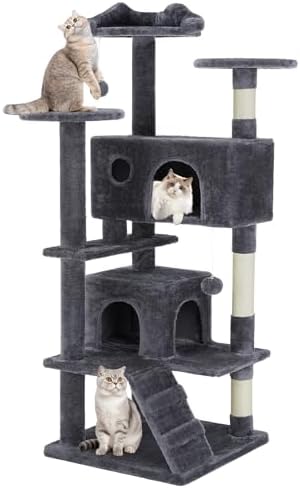 DUMOS 54-inch Indoor Cat Tree Tower –Multi-Level Pet House for Large Cats with 2 Condos, Scratching Posts, Round Platform, Small Ladder, and Toys – Perfect for Cats of All Ages, Dark Grey