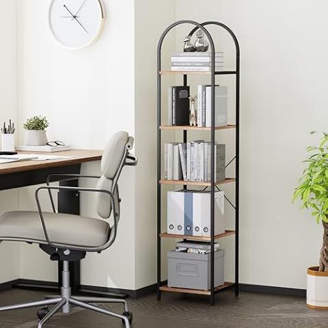 Homhedy 5-Tier Narrow Bookshelf Arched Display Rack, Skinny Tall Bookcase, Freestanding Corner Storage Shelf, Industrial Style, Display Standing Shelf Unit, for Home Office,Living Room, Bedroom, Study Cover