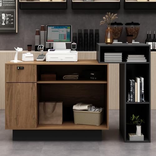 YTElantivo L-Shaped Reception Desk with Counter, Lockable Drawer & Adjustable Shelves, 59" Reversible Front Desk for Small Business, Beauty Salon, Office-Black Brown Modern Checkout Counter