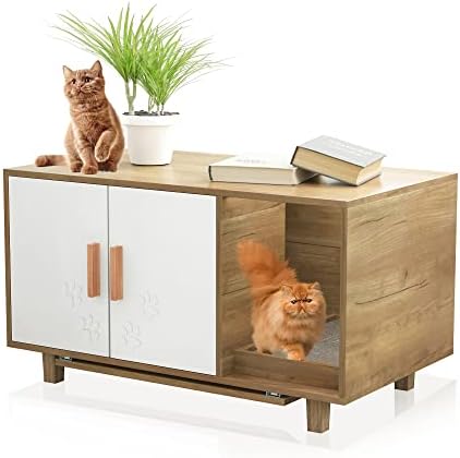 DMIDYLL Extra Large Cat Litter Box Enclosure Houses with Cat Food Bowls and Scratch Pad for Indoor Cats, Hidden Cat Litter Box Furniture Cabinet, Cat Washroom, Modern Cat Home Nightstand