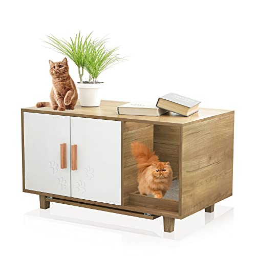 Dmidyll Extra Large Cat Litter Box Enclosure Houses With Cat Food Bowls And Scratch Pad For Indoor Cats, Hidden Cat Litter Box Furniture Cabinet, Cat Washroom, Modern Cat Home Nightstand #TOP2