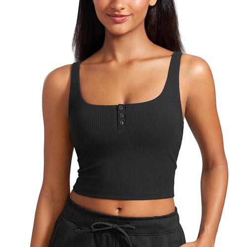 CRZ YOGA Womens Ribbed Henley Longline Sports Bras - Square Back Padded Yoga Workout Crop Tank Top with Built in Pads