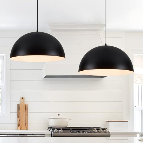 Ludil Industrial Pendant Lighting for Kitchen Island, 16 Inch Black and White Metal Dome Pendant...