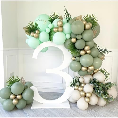 Image of PartyWoo 140 pcs Olive Green Balloon Arch Kit, Sage Green Balloon Garland Kit with Cream White Metallic Gold Retro Green Clear Balloons and Arch Kit for Birthday, Baby Shower, Wedding