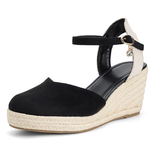 Womens Espadrilles Sandals, Closed Toe Platform for Women Adjustable Ankle Strap Casual Comfortable Wedge Sandals