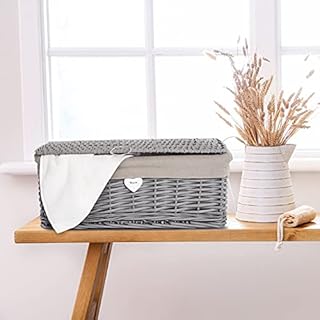 Grey Painted Lid Wicker Storage Collection Hamper Wicker Basket (Medium)
