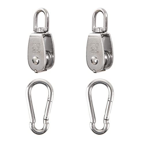 2Pcs 304 Stainless Steel M25 Single Pulley Block, Wire Rope Hanging Wire Towing Wheel, with 2Pcs Spring Snap Hook