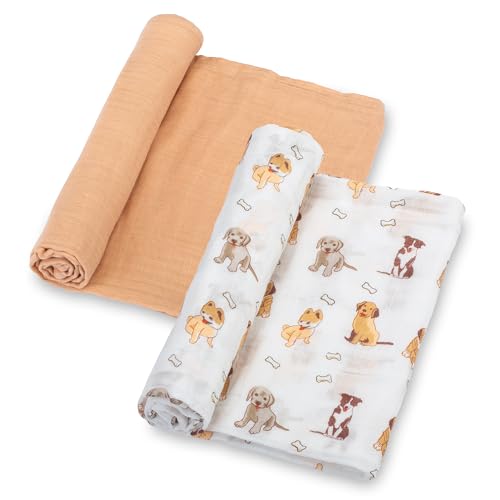 Image of LollyBanks 100% Cotton Baby Blankets 2 Pack, Gentle and Soft Muslin Swaddle Blanket for Girls, Lightweight 47 x 47 Inches Newborn Receiving Blanket, Newborn Essentials Must Haves (Puppies and Tan)