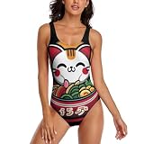 Maillot de Bain Une pièce pour Femme avec Motif Chat Japonais Mangeant des Ramen, Dos Nu, idéal pour la Plage et Les Vacances d'été.