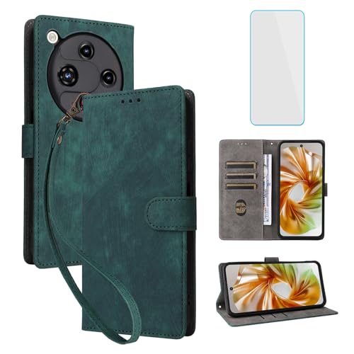 IUQXU Handyhülle für ZTE Nubia Focus 2 5G Hülle mit Panzerglas RFID Stoßfeste Schutzhülle Kartenfach Klapphülle Standfunktion Geldbörse Lederhülle für ZTE Nubia Focus2 Z2462N NubiaFocus2 5G Grün