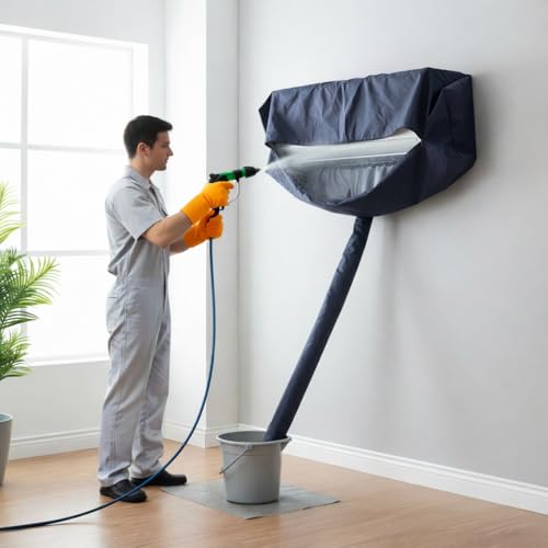 Image of Split AC Cleaning Kit Waterproof Service Cover with Drain Pipe, Cut Resistant Gloves & Adjustable Water Spray Gun | Best for Home & Professional Use | Compatible with 1-2 Ton AC (52 Inches)