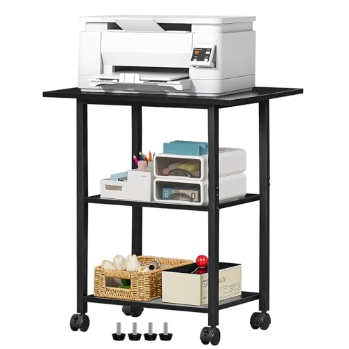 LELELINKY 3 Tier Printer Table, Mobile White Printer Stand with Steel Frame, Rolling Printer Cart Holder for Office, Faxes and Home(Black)