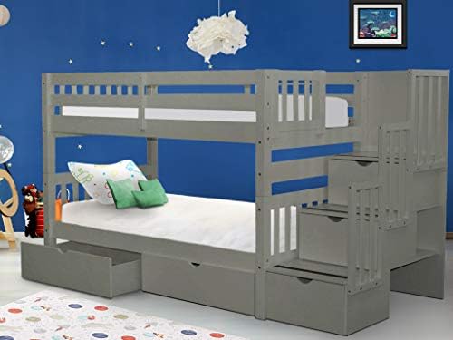 Bedz King Stairway Bunk Beds Twin over Twin with 3 Drawers in the Steps and 2 Under Bed Drawers - Gray