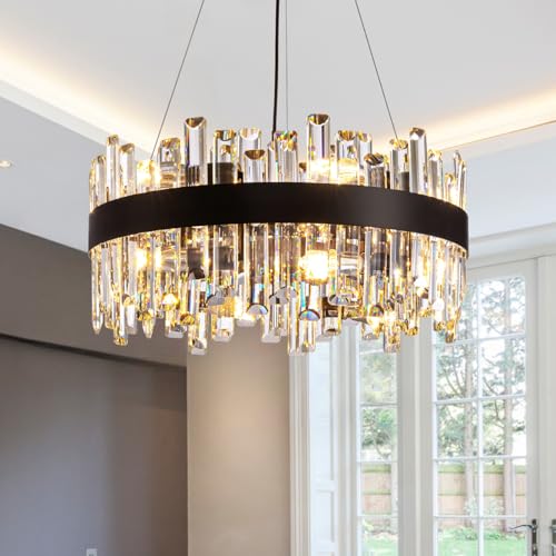 Siljoy Black Crystal Chandelier for Dining Room, Modern 2-Tiers K9